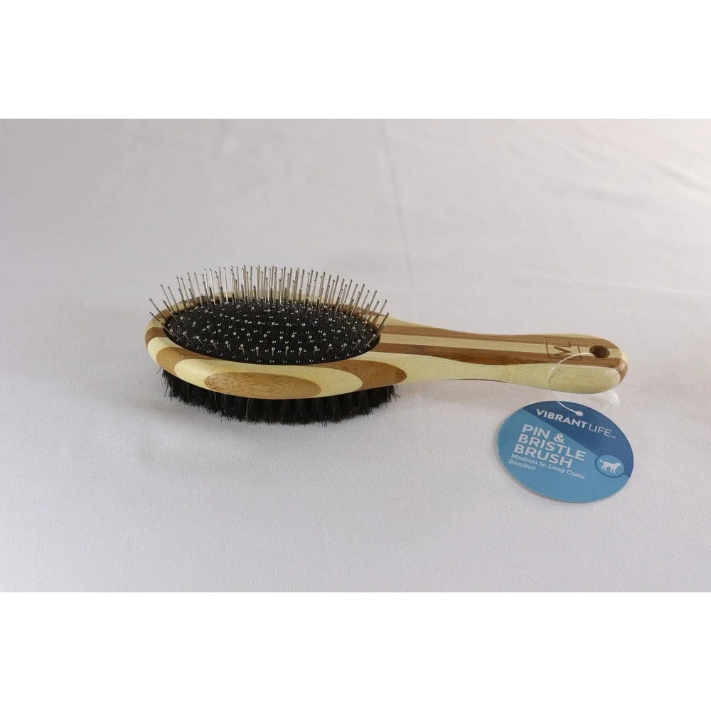 Vibrant Life Pin & Bristle Grooming Brush Bamboo Handle for Medium to Long Coats